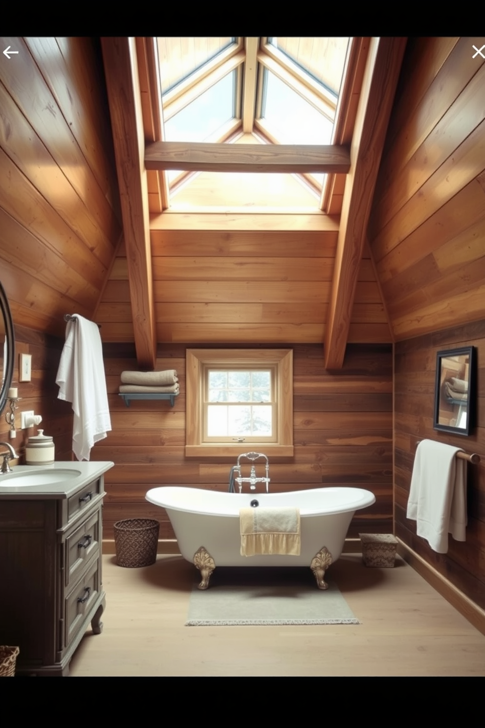 A cozy attic bathroom featuring wooden beams that add rustic charm to the space. The walls are adorned with reclaimed wood paneling, and a freestanding soaking tub sits beneath a skylight, allowing natural light to flood the room. A vintage-style vanity with a distressed finish complements the rustic theme. Soft, neutral colors are used for the linens and accessories, creating a warm and inviting atmosphere.