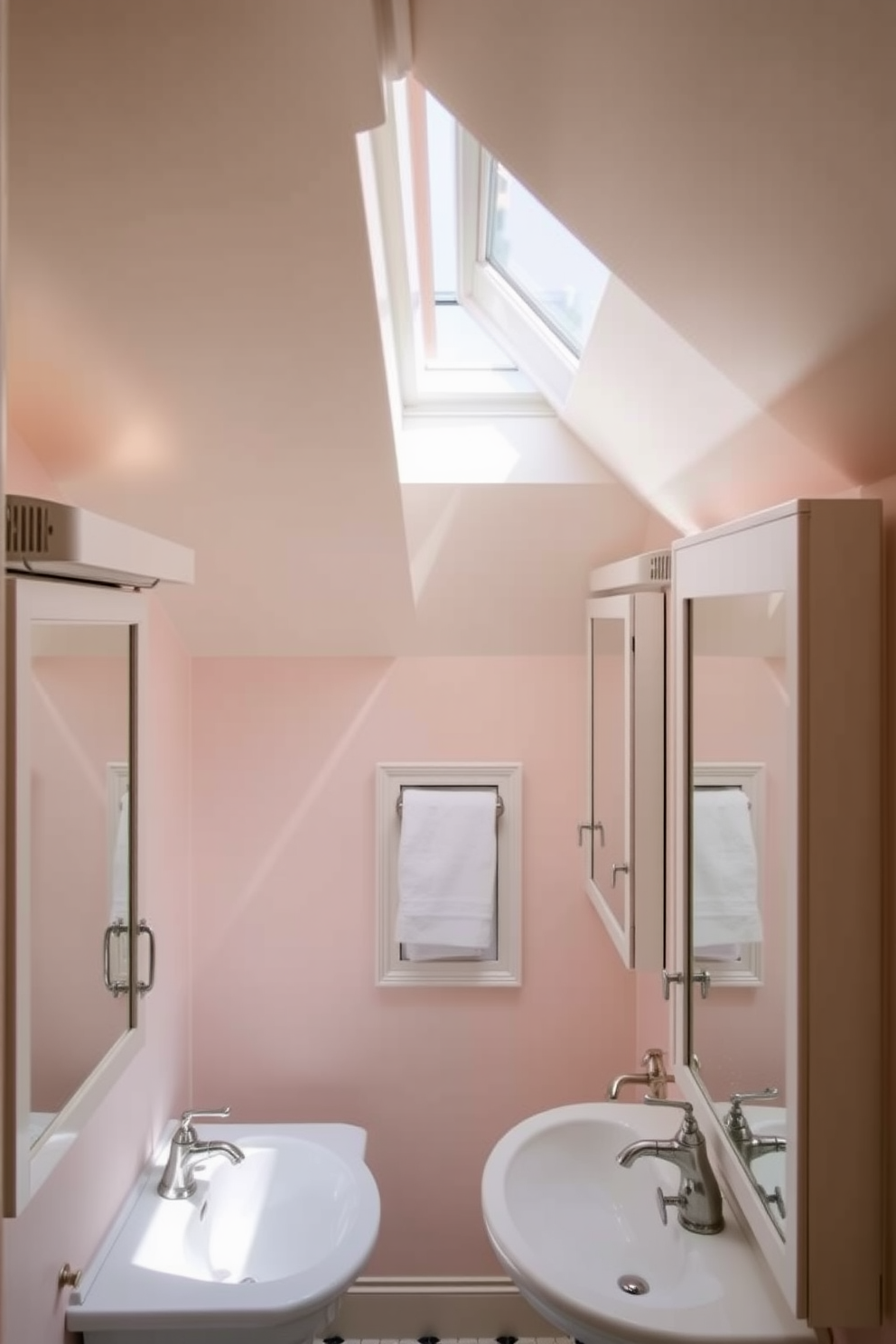 A cozy attic bathroom featuring mirrored cabinets that enhance the sense of space and depth. The walls are painted in soft pastels, and natural light filters through a skylight, illuminating the elegant fixtures.