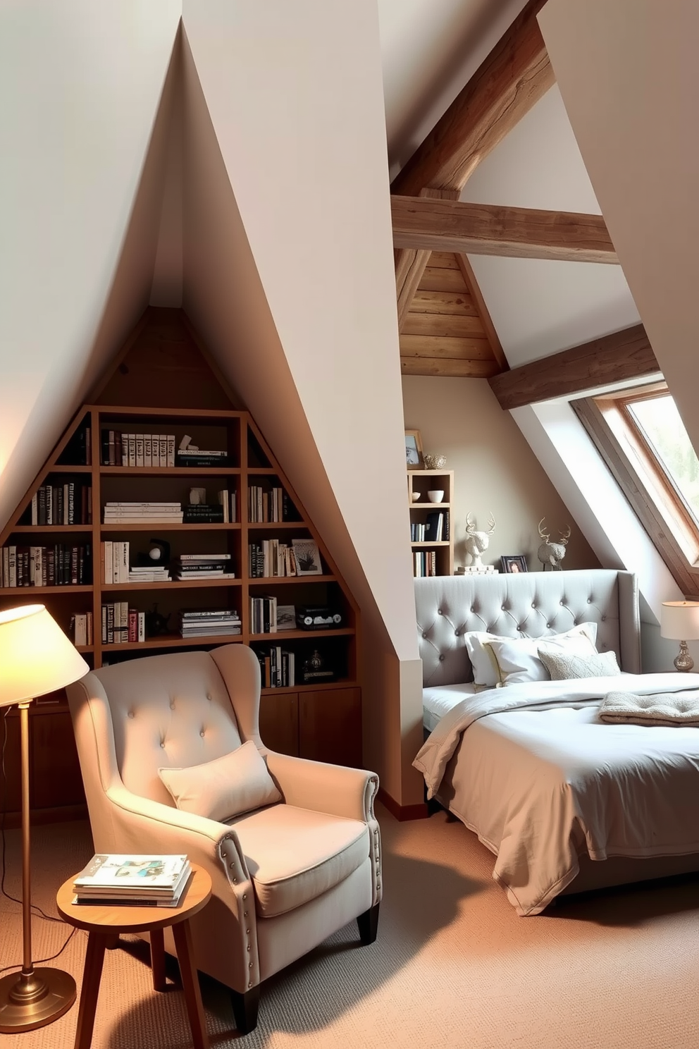 A cozy reading nook under a sloped ceiling features a plush armchair in a soft fabric, positioned next to a small wooden side table. A warm floor lamp casts a gentle glow, creating an inviting atmosphere for curling up with a good book. In the attic bedroom, a comfortable bed with a tufted headboard is positioned against the sloped wall, surrounded by built-in shelves filled with books and decorative items. Soft, neutral bedding complements the rustic wooden beams, while a large window allows natural light to flood the space.