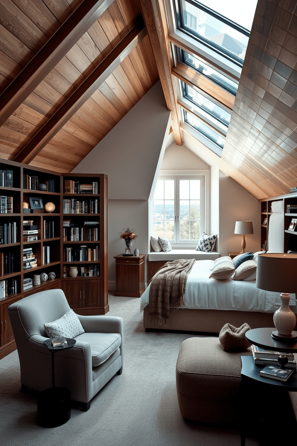 Cozy reading nook with skylight seating. The nook features a plush armchair upholstered in soft fabric, positioned beneath a large skylight that floods the space with natural light. Surrounding the chair are built-in bookshelves filled with an array of books and decorative items. A small side table holds a steaming cup of tea and a cozy throw blanket draped over the armchair invites relaxation. Attic bedroom design ideas. The bedroom showcases a sloped ceiling with exposed wooden beams, creating a warm and inviting atmosphere. A king-sized bed adorned with luxurious bedding is centered against the wall, flanked by stylish nightstands with elegant lamps. Soft, ambient lighting enhances the cozy feel, while a window seat beneath a dormer window offers a perfect spot to enjoy the view.