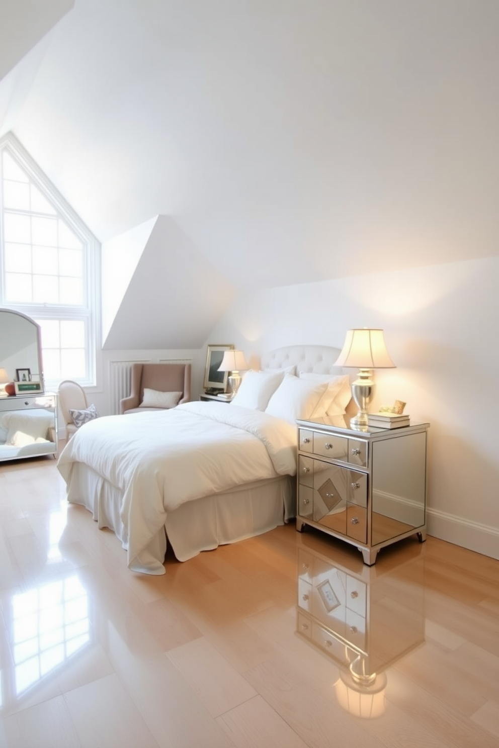 A serene attic bedroom featuring mirrored furniture that enhances light reflection throughout the space. The room is adorned with a plush bed dressed in soft linens, and a stylish mirrored nightstand sits beside it, reflecting the warm glow of a nearby lamp. The sloped ceiling is painted in a soft white, creating an airy feel, while large windows allow natural light to flood in. A cozy reading nook is nestled in one corner, complete with a plush armchair and a small mirrored side table, inviting relaxation and comfort.