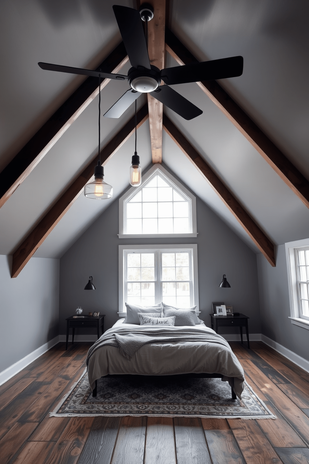 An attic bedroom designed in an industrial style features exposed wooden beams and a high sloped ceiling. The room is adorned with metal fixtures including a sleek ceiling fan and industrial-style pendant lights hanging over the bed. The walls are painted in a soft gray tone, complementing the rustic wooden flooring. A cozy area rug sits beneath the bed, and large windows allow natural light to flood the space, highlighting the minimalist decor.