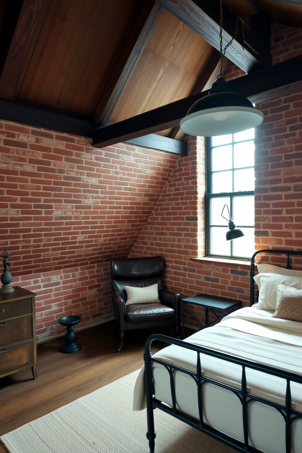 An industrial style attic bedroom featuring exposed brick walls and wooden beams. The space includes a large metal bed frame with a plush mattress and layered bedding in neutral tones. Metal accents are incorporated through a vintage metal nightstand and industrial-style pendant lighting hanging from the ceiling. A cozy reading nook is created with a leather armchair and a small metal side table, adding warmth to the raw aesthetic.