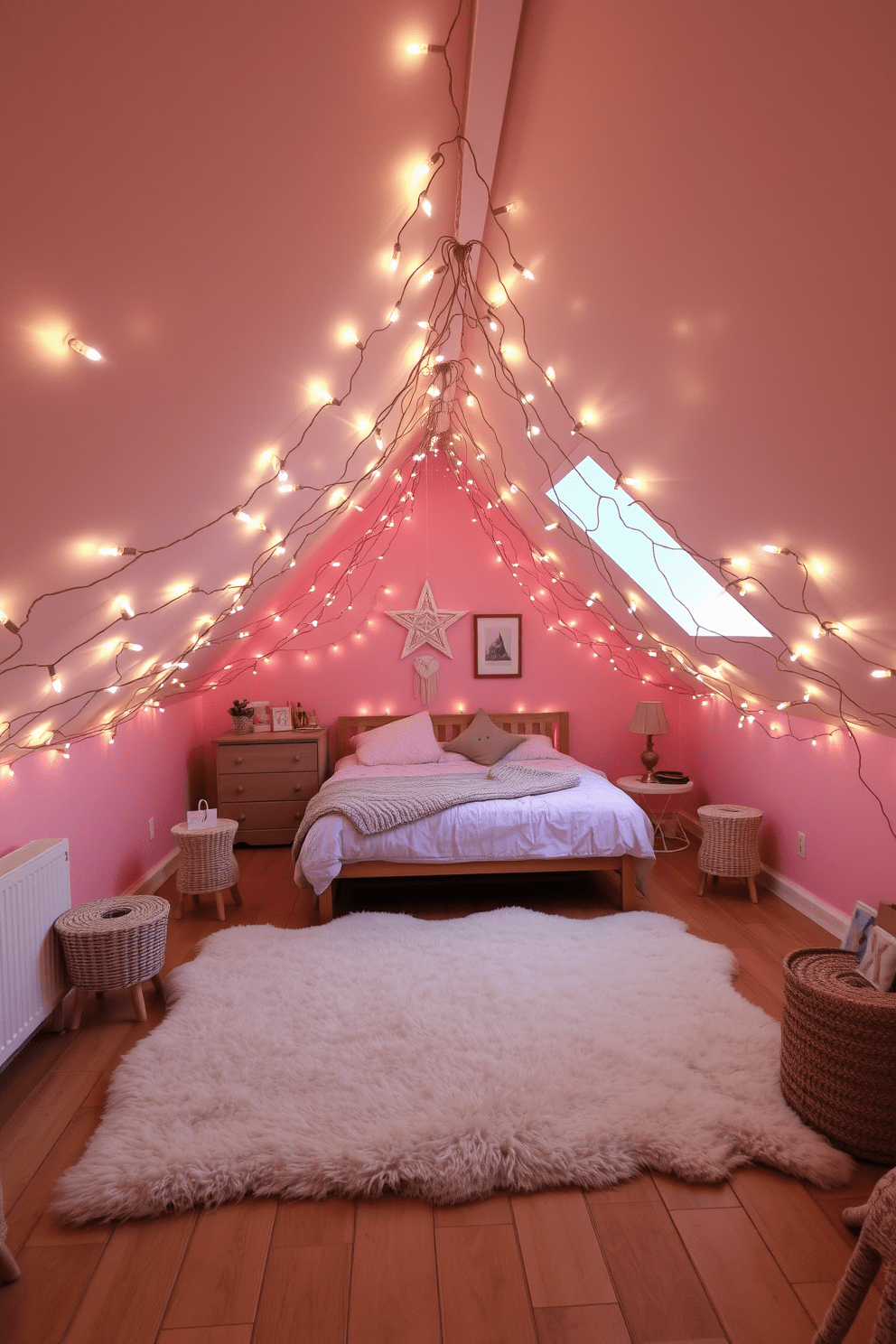 A cozy attic bedroom filled with whimsical fairy lights draped across the sloped ceiling creating a magical ambiance. The walls are painted in soft pastel colors and a plush area rug covers the wooden floor, adding warmth to the space.