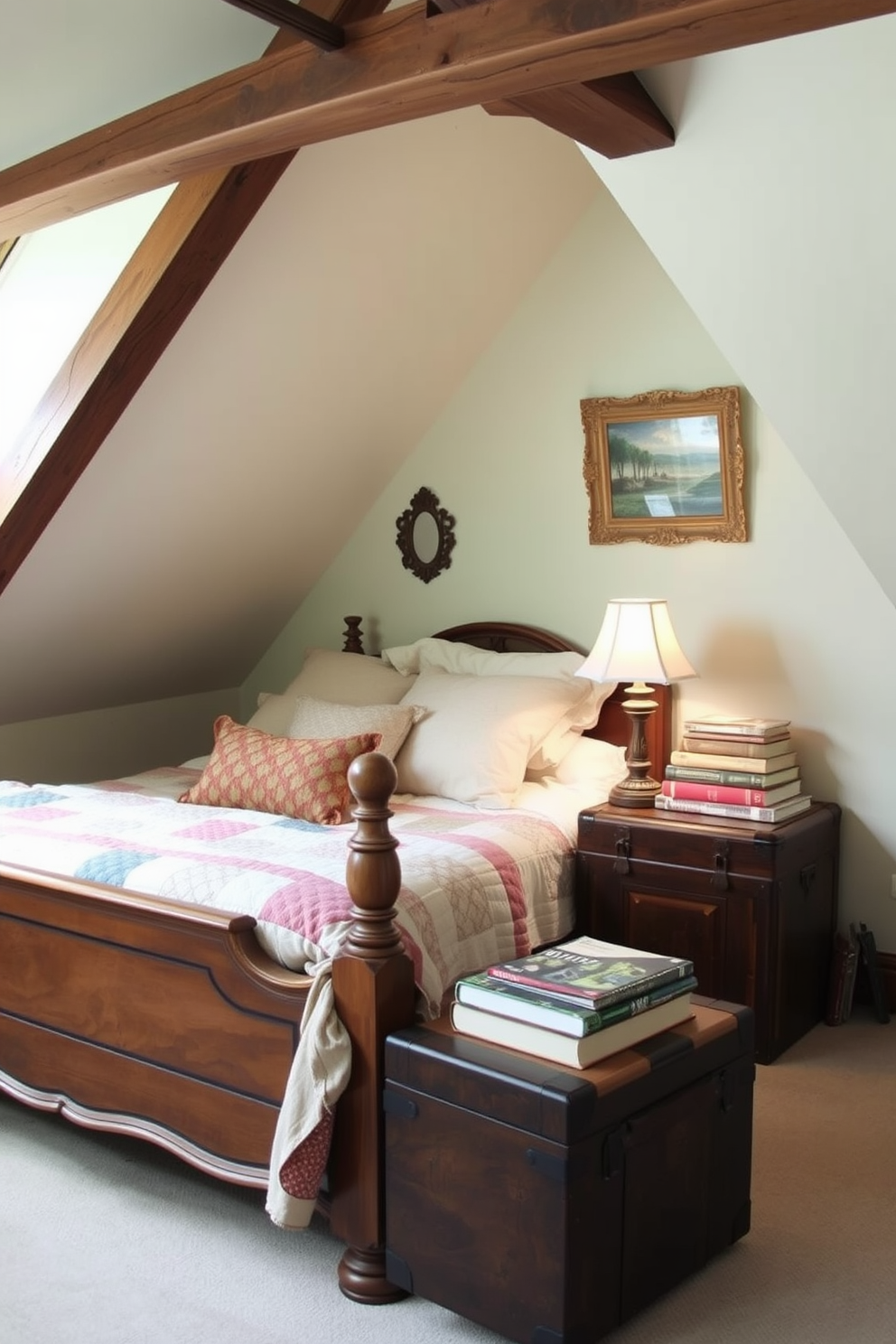 A cozy attic bedroom featuring vintage decor pieces that evoke a sense of nostalgia. The room is adorned with an antique wooden bed frame, layered with a patchwork quilt and soft, fluffy pillows. In one corner, a vintage trunk serves as a bedside table, topped with a classic lamp and a stack of well-loved books. The walls are painted in a soft pastel hue, and exposed wooden beams add warmth and character to the space.