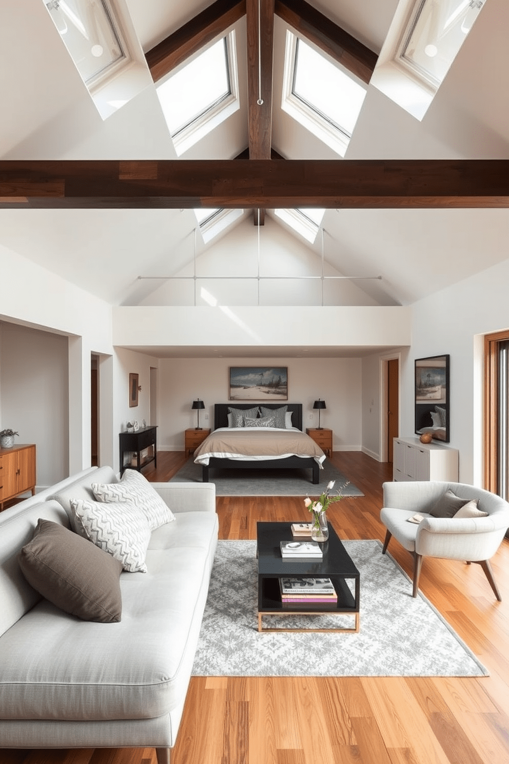 Open layout with multifunctional furniture. The space features a sleek sofa that converts into a bed, paired with a stylish coffee table that doubles as storage. Attic bedroom design ideas. The room is adorned with sloped ceilings and skylights, creating a cozy atmosphere filled with natural light.