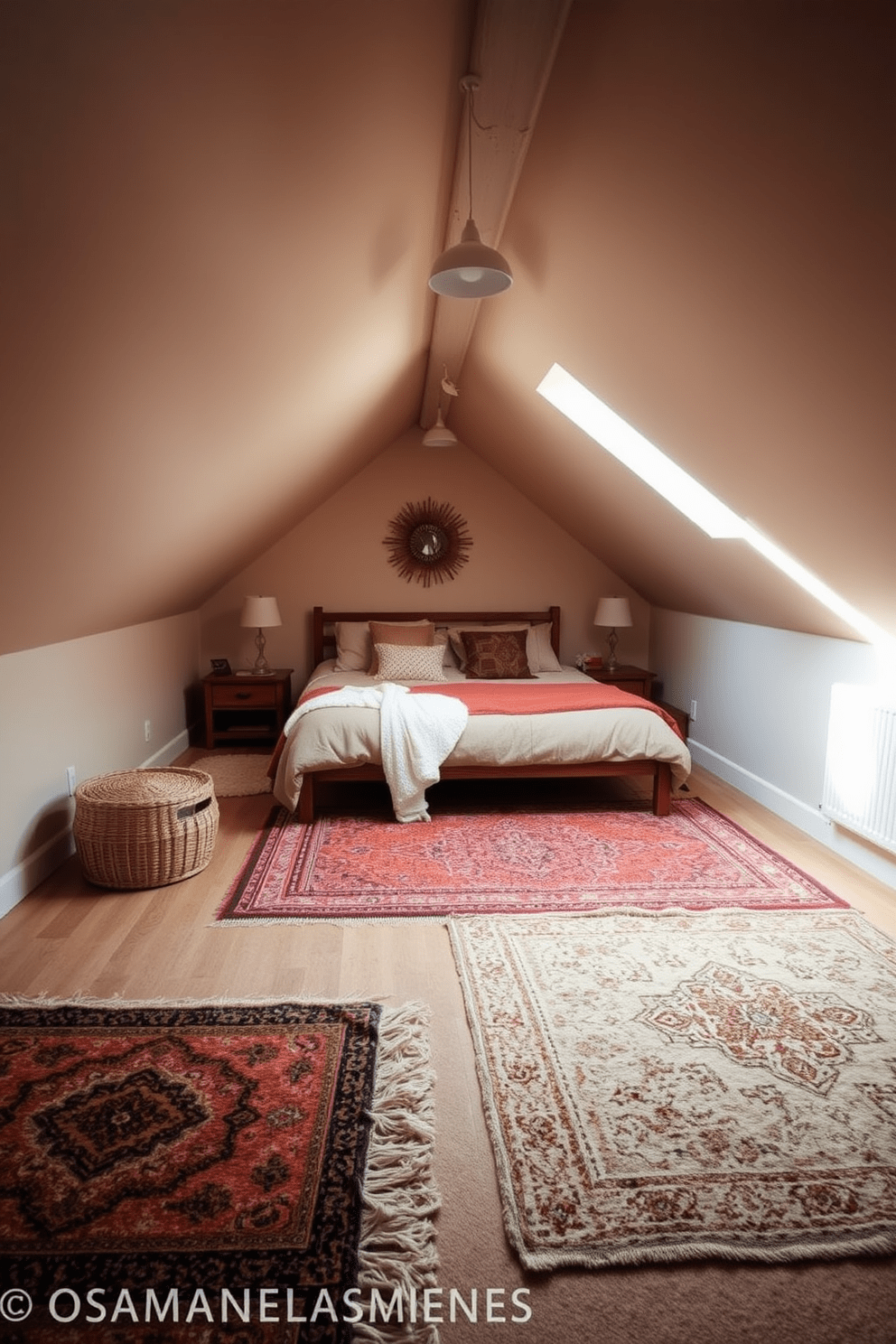 A cozy attic bedroom featuring layered rugs in warm tones that add both comfort and texture to the space. The walls are adorned with soft, neutral colors, and a sloped ceiling creates an intimate atmosphere filled with natural light.