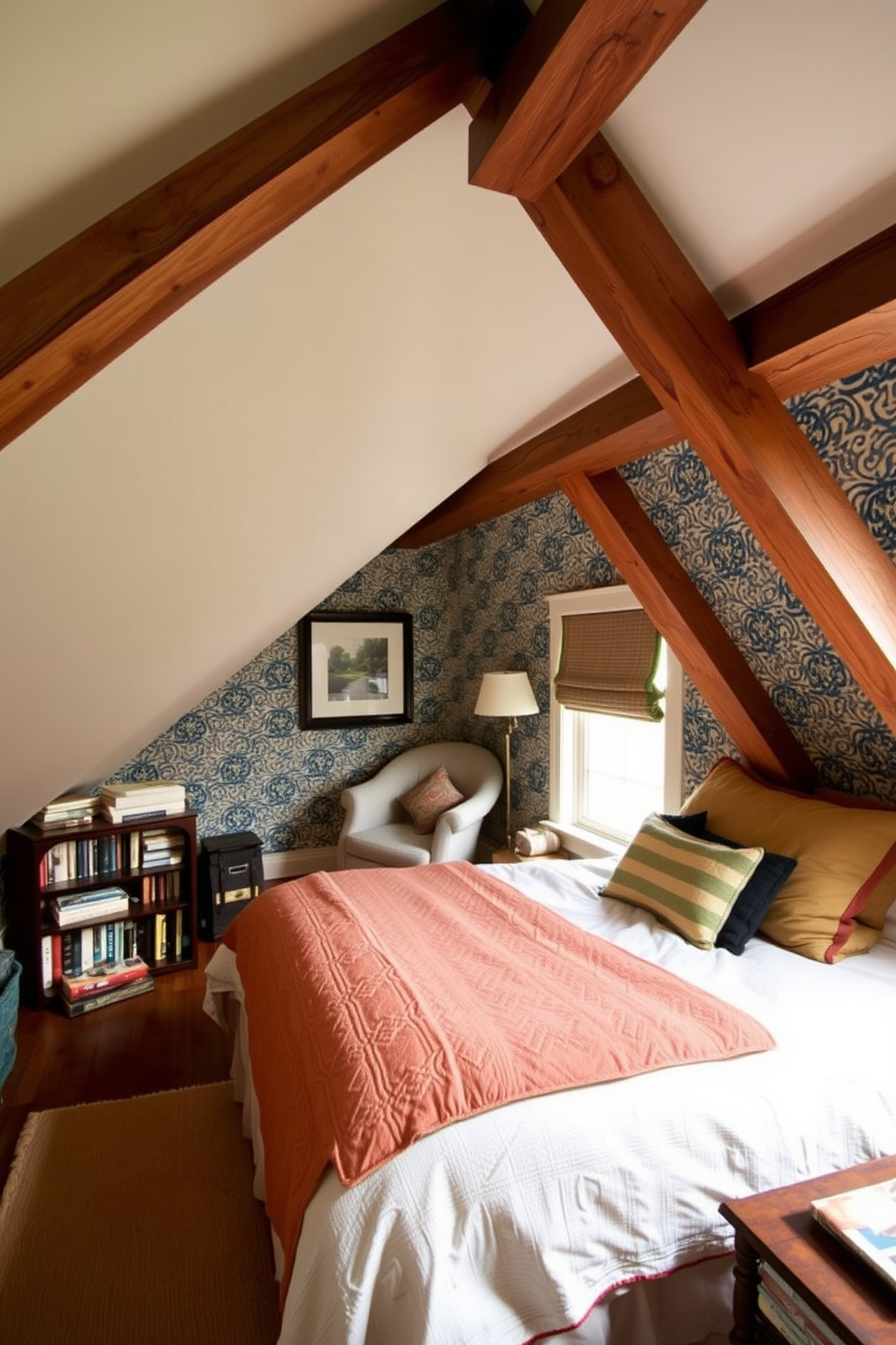 A cozy attic bedroom filled with character. The walls are adorned with bold, patterned wallpaper that adds a playful touch, while exposed wooden beams create a warm, rustic atmosphere. A comfortable bed is positioned under the sloped ceiling, dressed in layered textiles that invite relaxation. A small reading nook by the window features a vintage armchair and a bookshelf filled with favorite novels.