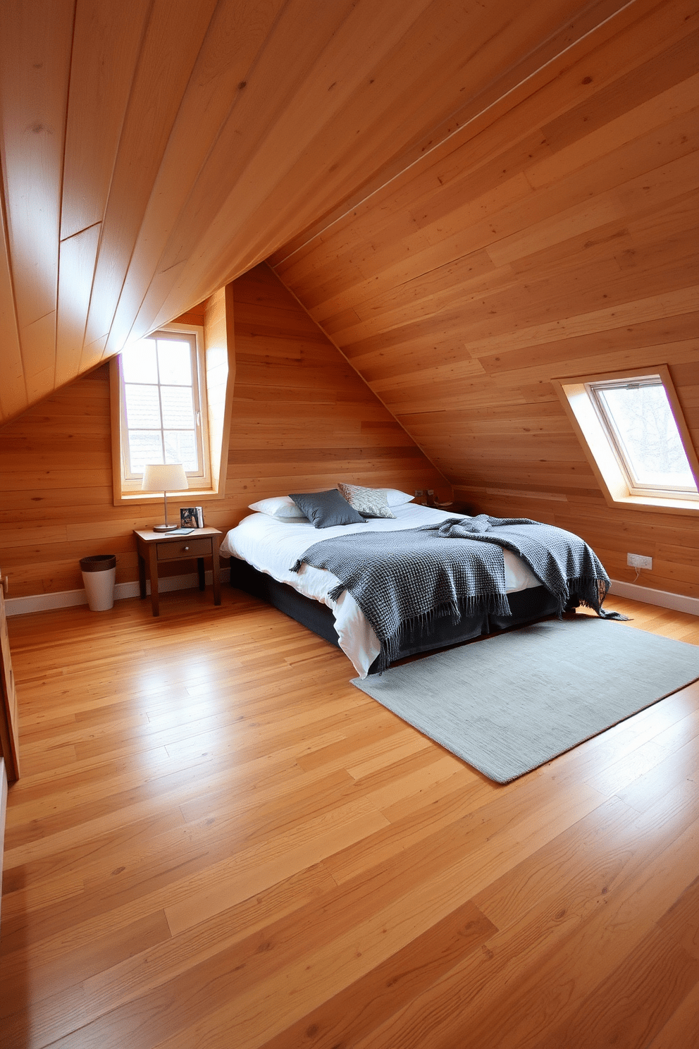 A cozy attic bedroom featuring natural wood floors that enhance the warmth of the space. The room is adorned with sloped ceilings and large windows that allow for plenty of natural light, creating an inviting atmosphere. A plush bed is centered against the wall, dressed in soft linens and layered with textured throw blankets. Beside the bed, a small wooden nightstand holds a stylish lamp and a few personal touches, adding character to the room.