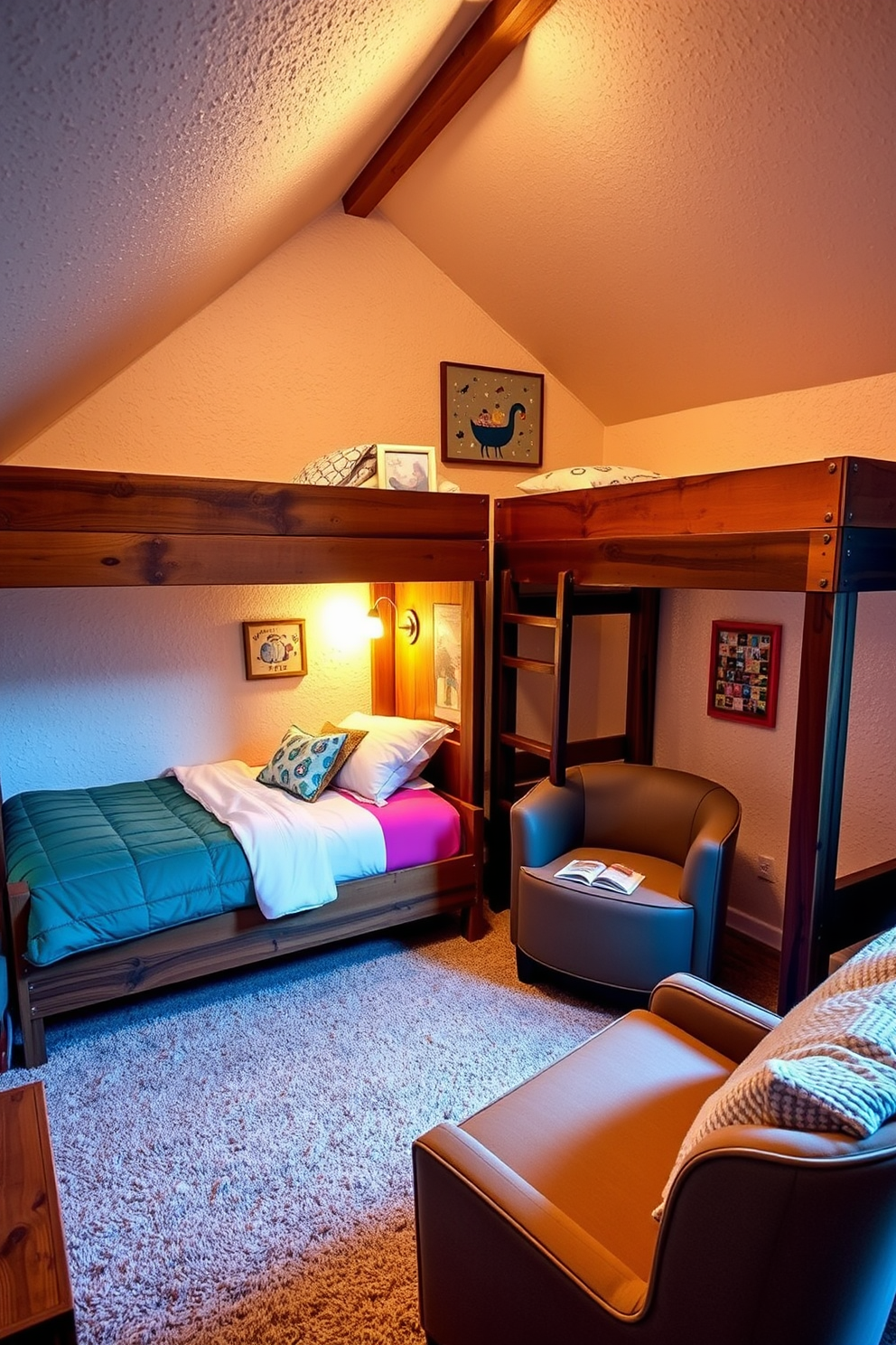 A cozy attic bedroom features two stylish bunk beds made of reclaimed wood, maximizing sleeping space while adding character. Soft, warm lighting illuminates the room, highlighting the textured walls and creating an inviting atmosphere. The decor includes playful bedding in bright colors, complemented by whimsical wall art that inspires creativity. A small reading nook with a plush chair sits beneath a slanted ceiling, providing a perfect retreat for relaxation.