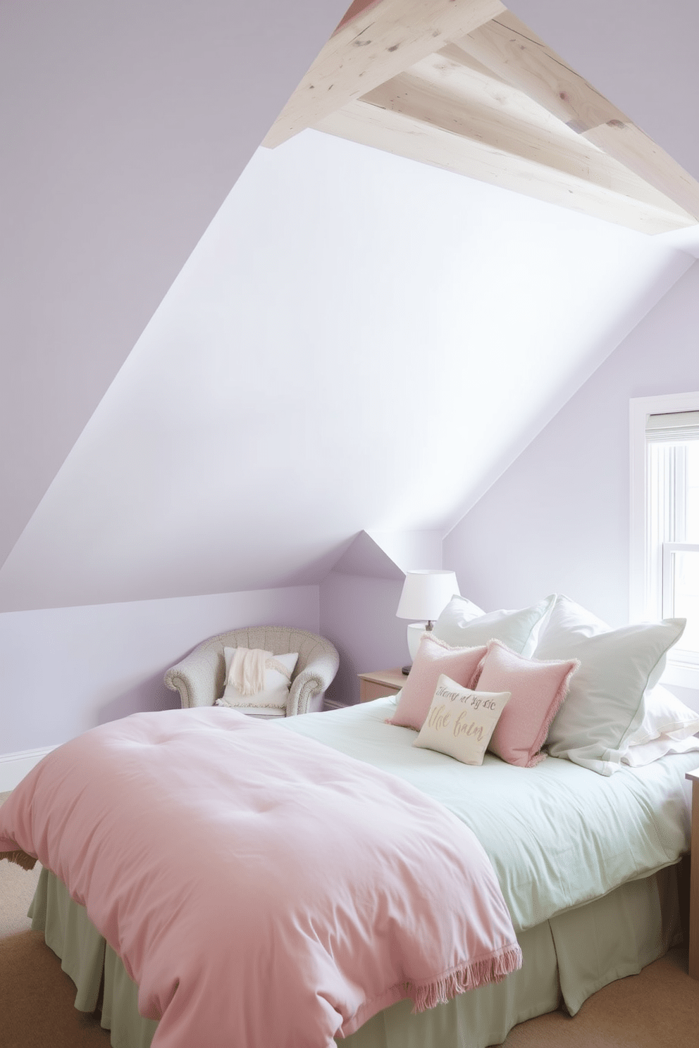 A cozy attic bedroom featuring soft pastel colors that create a serene and calming atmosphere. The walls are painted in a light lavender shade, and the ceiling is adorned with exposed wooden beams for added character. A plush queen-sized bed is dressed in a mix of pastel pink and mint green bedding, complemented by fluffy throw pillows. A small reading nook with a comfortable armchair and a soft pastel throw is positioned by the window, inviting relaxation.