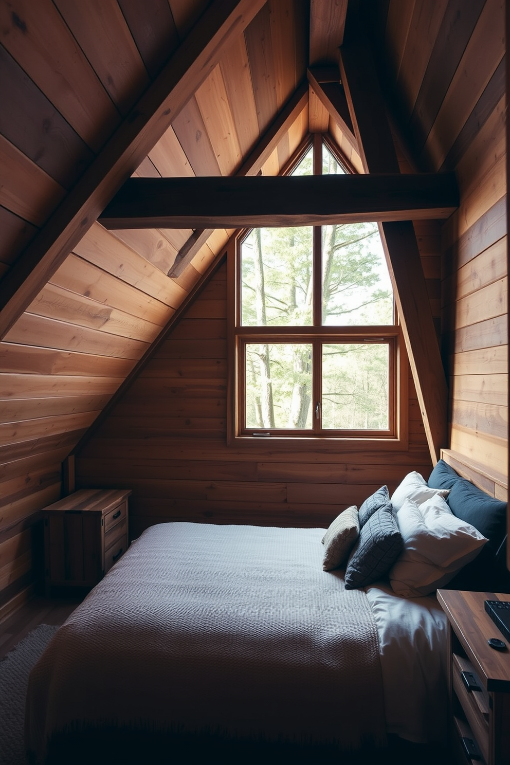 A cozy attic bedroom featuring natural wood finishes that create an earthy vibe. The sloped ceiling is adorned with exposed wooden beams, and the walls are clad in warm-toned wood panels. A plush bed with a soft, textured blanket sits against one wall, complemented by rustic wooden nightstands on either side. Large windows allow natural light to flood the space, showcasing a view of the surrounding trees.