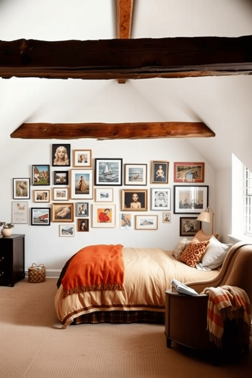 A gallery wall showcasing personal artwork features an eclectic mix of framed paintings and photographs arranged in a visually pleasing layout. The wall is painted in a soft white, allowing the vibrant colors of the artwork to stand out. The attic bedroom design incorporates sloped ceilings with exposed wooden beams, creating a cozy and inviting atmosphere. A plush bed is centered under the peak of the ceiling, adorned with layered bedding in warm tones, and a reading nook is set up by the window with a comfortable chair and soft throw blanket.