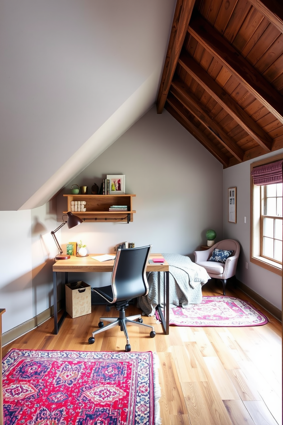 Chic desk area for work or study. The desk is made of reclaimed wood with a sleek metal frame, paired with a comfortable ergonomic chair. A stylish desk lamp illuminates the workspace, and a wall-mounted shelf displays books and decorative items. The walls are painted in a soft gray, and a colorful area rug adds warmth to the space. Attic Bedroom Design Ideas. The room features exposed wooden beams and a cozy sloped ceiling, creating an inviting atmosphere. A plush bed with layered bedding is centered against the wall, while a small seating area with a vintage armchair offers a perfect reading nook. Soft lighting from a pendant fixture enhances the charm of the space, and large windows provide ample natural light.