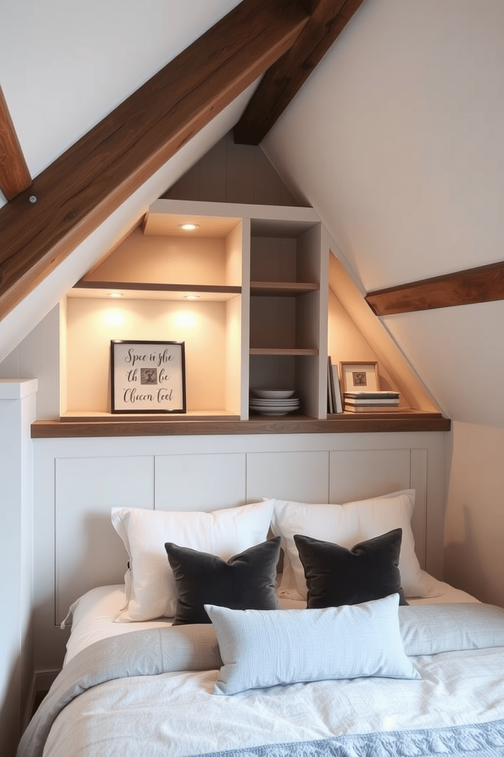 Creative storage solutions under the eaves. The bedroom features built-in shelving that maximizes space while maintaining a cozy aesthetic. Soft, muted colors adorn the walls, complemented by warm wood accents. A plush bed is positioned beneath the sloped ceiling, with decorative pillows adding a touch of elegance.