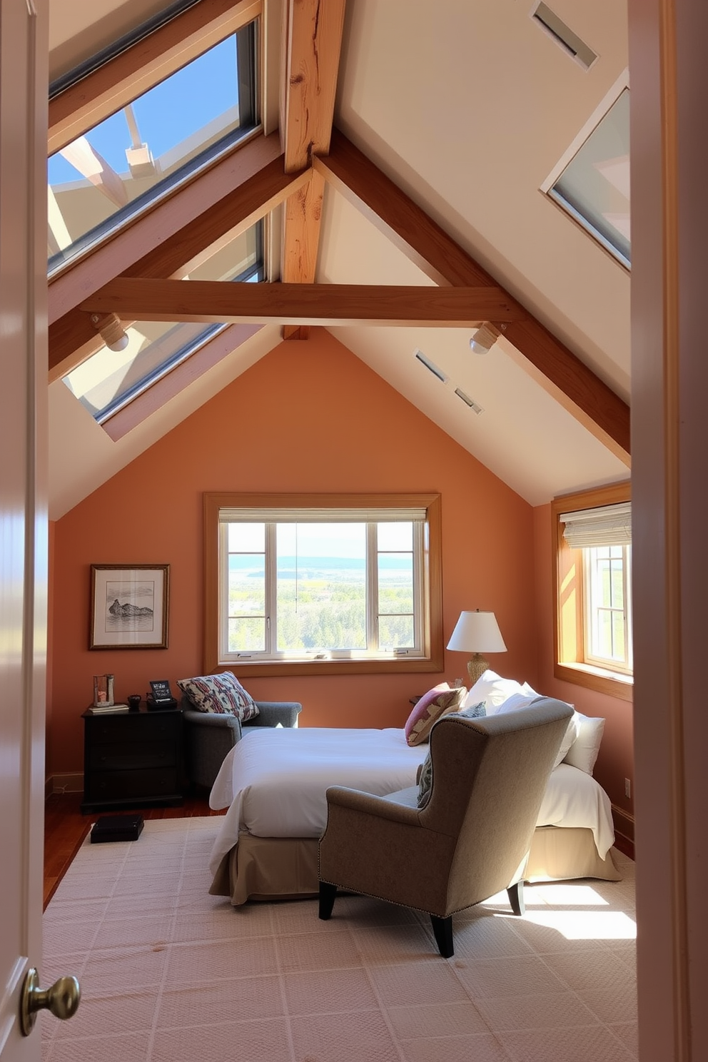 A cozy attic bedroom featuring floor-to-ceiling windows that flood the space with natural light. The room is adorned with a plush bed positioned under the sloped ceiling, complemented by soft bedding and decorative pillows. A reading nook is created by a comfortable armchair placed near the windows, inviting relaxation and enjoyment of the view. The walls are painted in a warm, neutral tone, enhancing the airy feel of the room while wooden beams add character and charm.