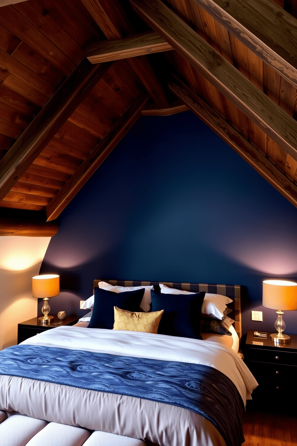 A cozy attic bedroom with a bold accent wall painted in a deep navy blue. The ceiling features exposed wooden beams, adding warmth and character to the space. A plush king-sized bed is centered against the accent wall, adorned with luxurious bedding in contrasting colors. Soft ambient lighting from stylish bedside lamps creates a relaxing atmosphere for reading or unwinding.