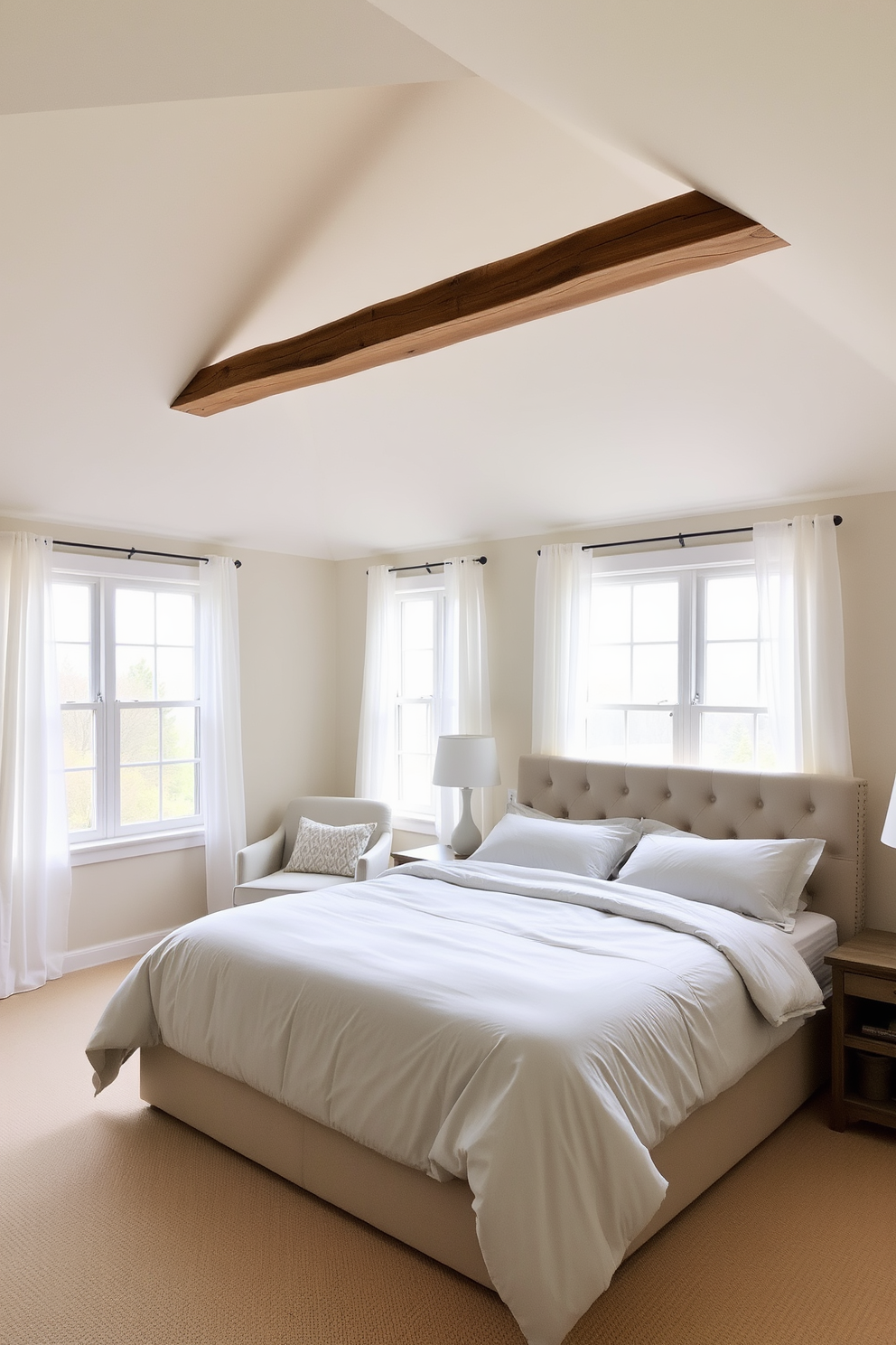 A serene attic bedroom featuring a neutral color palette that promotes a calming atmosphere. Soft beige walls complement the light gray bedding on a cozy queen-sized bed with a plush headboard. Large windows with sheer white curtains allow natural light to flood the space, creating an airy feel. A rustic wooden beam runs across the ceiling, adding character to the room while a small reading nook with a comfortable chair invites relaxation.