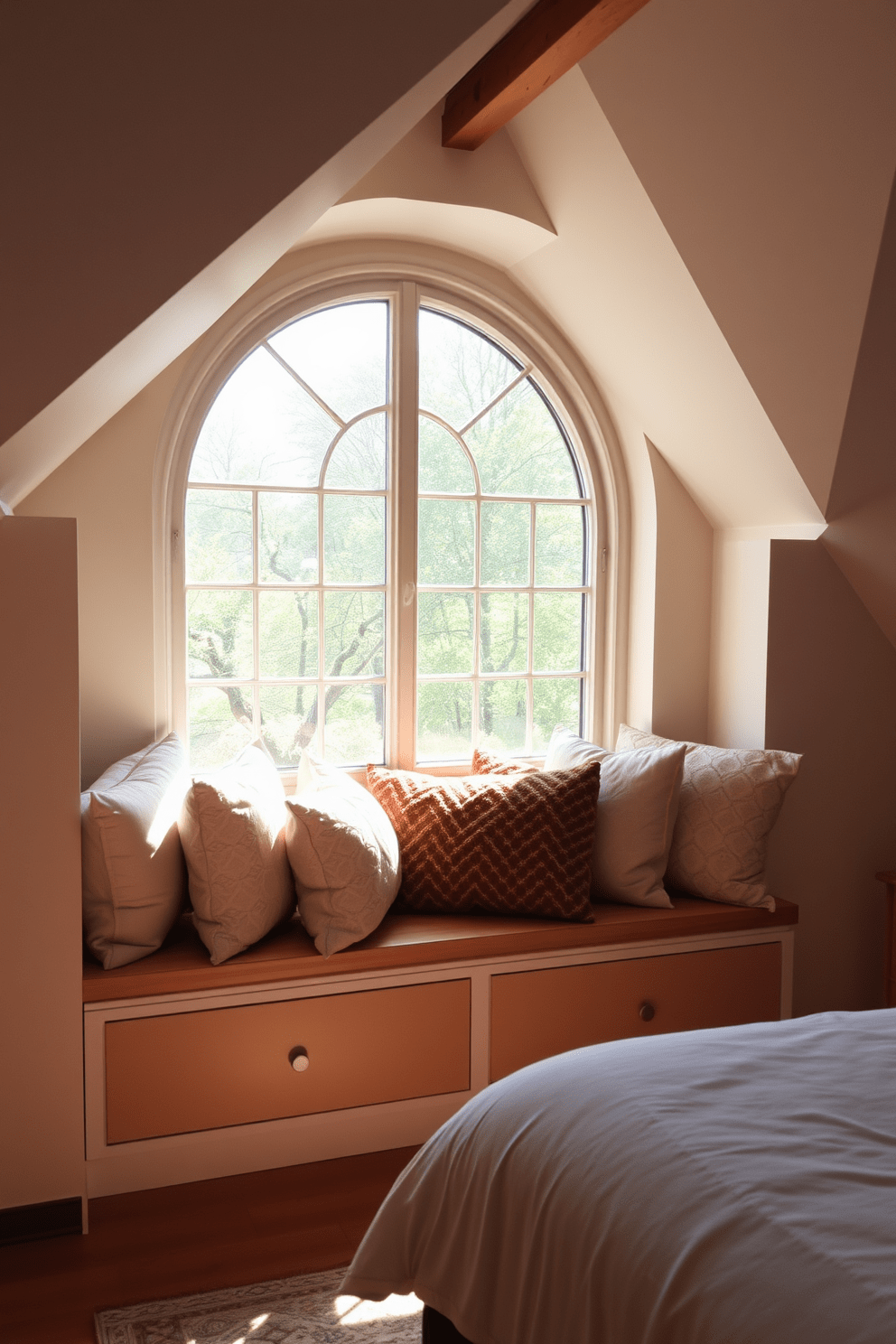 Cozy window seat with cushions. Soft, plush cushions in various textures are arranged on a built-in wooden bench beneath a large, arched window that lets in natural light. Attic bedroom design ideas. The space features sloped ceilings with exposed beams, a comfortable bed positioned against the wall, and warm lighting that creates an inviting atmosphere.