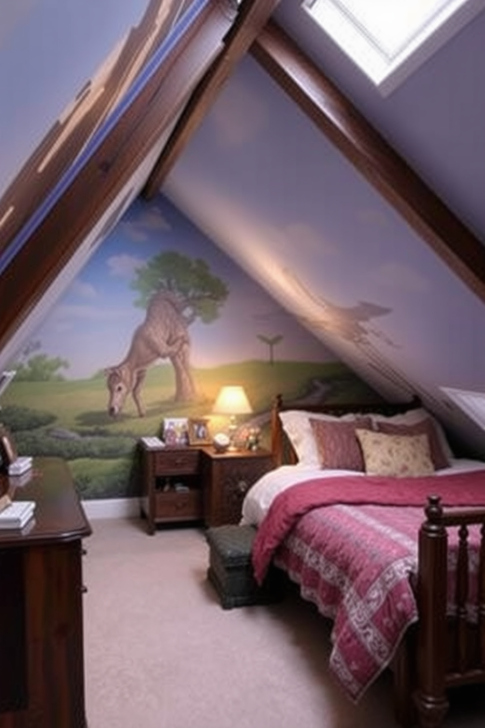 Artistic wall murals create a vibrant atmosphere that reflects personal style and creativity. Choose a mural that complements the room's color palette and enhances the overall design theme. Attic bedroom design ideas focus on maximizing space and creating a cozy retreat. Incorporate built-in storage solutions and soft lighting to make the most of the unique architectural features.