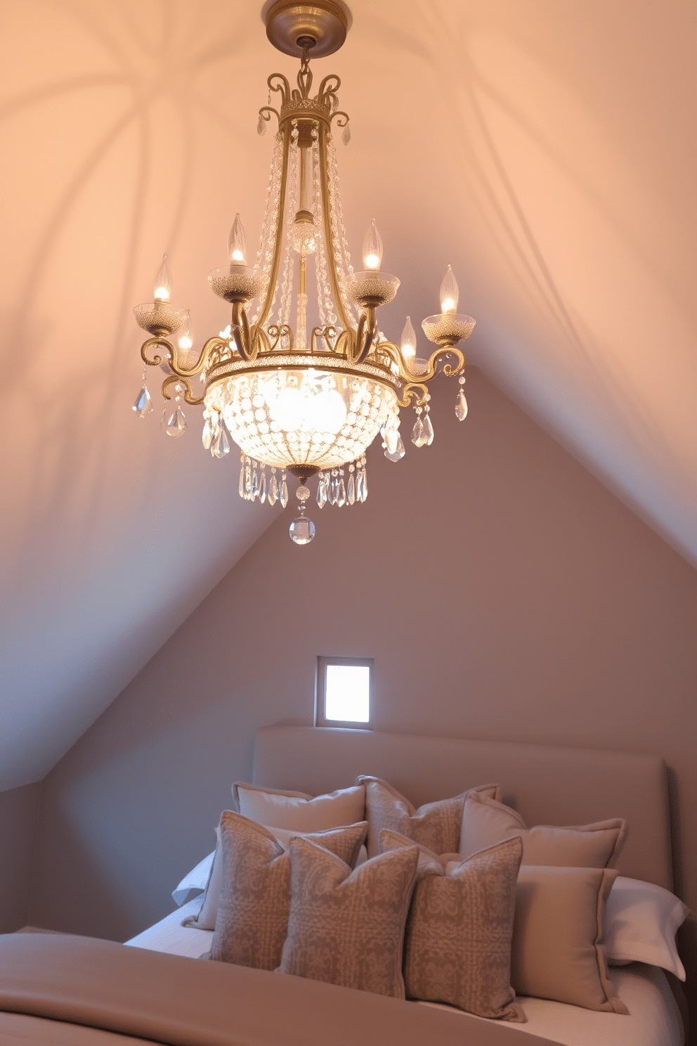 An elegant chandelier hangs gracefully from the ceiling, casting a warm glow across the room. The intricate design features crystal accents that shimmer and reflect light, enhancing the luxurious atmosphere. The attic bedroom is designed with sloped ceilings that add character and charm. Soft, muted colors create a cozy retreat, while plush bedding and decorative pillows invite relaxation.