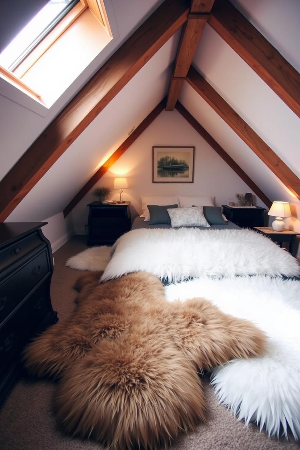 A cozy attic bedroom featuring faux fur rugs that add warmth and texture to the space. The room is filled with soft, ambient lighting and has sloped ceilings adorned with wooden beams.