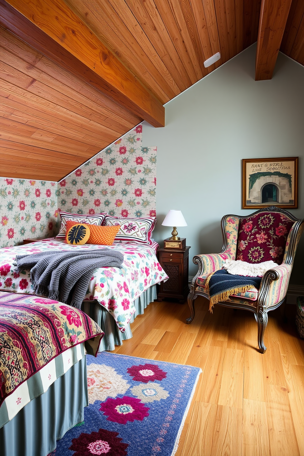 An attic bedroom filled with an eclectic mix of patterns and textures. The walls are adorned with a vibrant wallpaper featuring geometric shapes, while the bedding combines floral and striped patterns for a cozy yet dynamic look. A vintage armchair with a bold tapestry sits in the corner, complemented by a knitted throw. The wooden beams of the ceiling are exposed, adding warmth, and a colorful area rug anchors the space, creating a playful and inviting atmosphere.