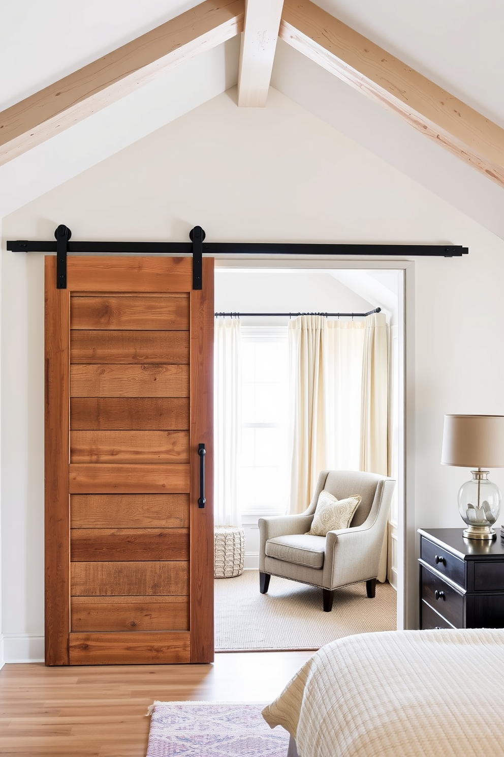 Sliding barn doors for rustic entry. The doors are made of reclaimed wood with a weathered finish, adding charm and character to the space. They slide effortlessly along a black metal track, creating a seamless transition between the entryway and living area. Attic bedroom design ideas. The room features sloped ceilings with exposed beams, painted in a soft white to enhance natural light. A cozy reading nook is created by placing a plush armchair next to a tall window, adorned with sheer curtains for a light and airy feel.