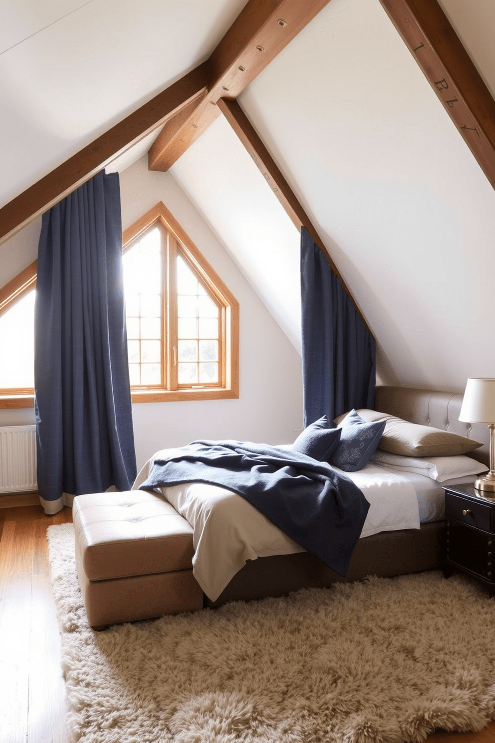 A cozy attic bedroom featuring floor-to-ceiling curtains that frame the windows, enhancing the dramatic effect of the space. The curtains are made of a rich, textured fabric in a deep navy blue, contrasting beautifully with the soft, neutral tones of the walls and bedding. The room is designed with sloped ceilings and exposed wooden beams, adding character and warmth. A plush area rug anchors the space, while a stylish bed with layered linens and decorative pillows invites relaxation.