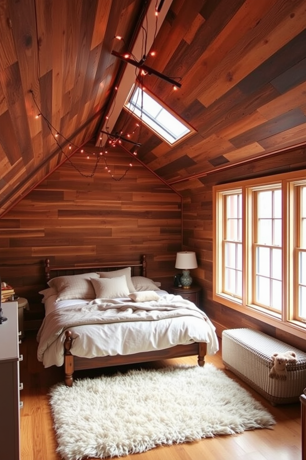 A cozy attic bedroom features an accent wall made of reclaimed wood panels, creating a warm and inviting atmosphere. The room is adorned with soft, neutral bedding and a vintage wooden bed frame, complemented by a plush area rug on the floor. Large windows allow natural light to flood the space, highlighting a small reading nook with a comfortable chair and a side table. Decorative string lights are draped across the ceiling, adding a whimsical touch to the overall design.