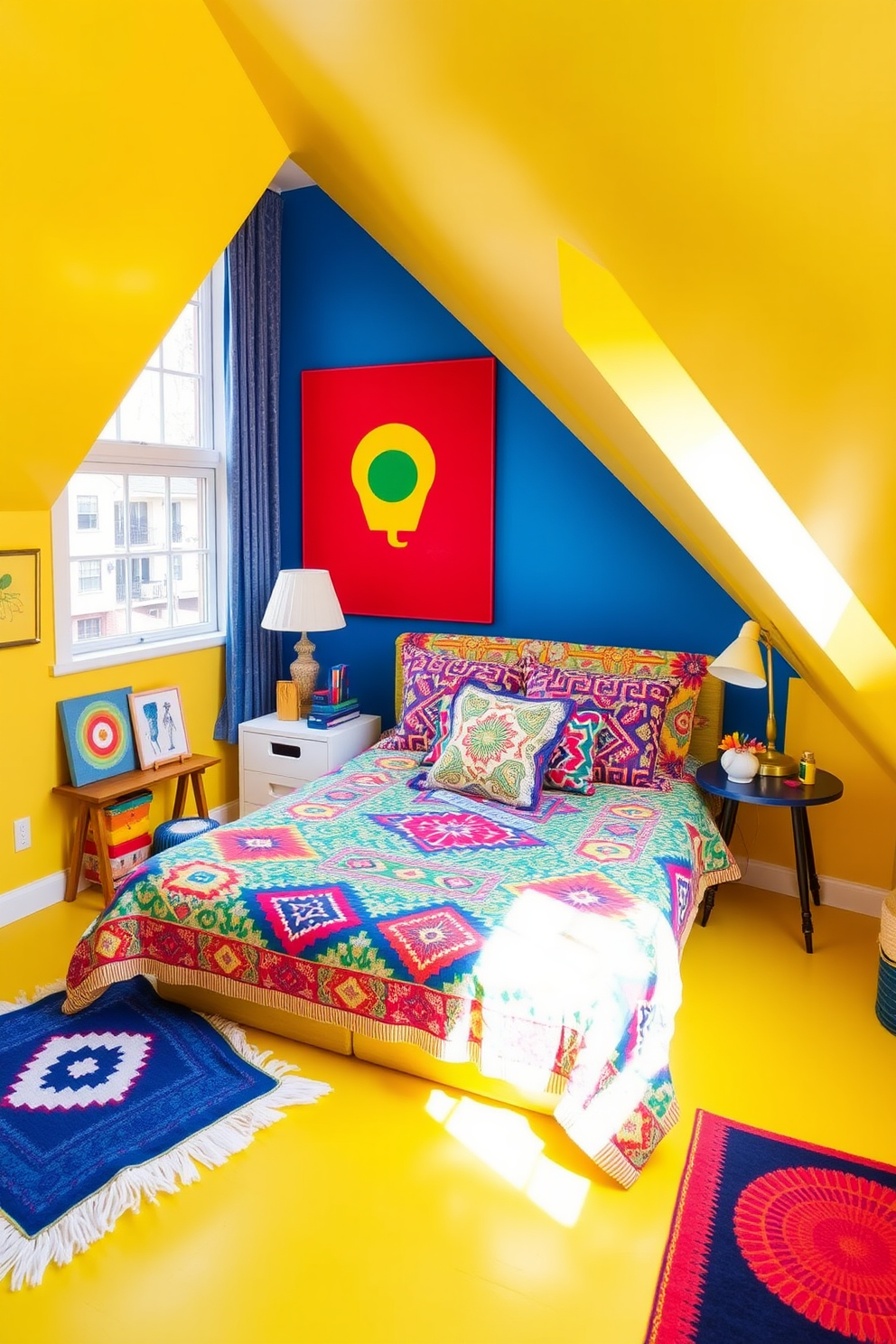 A vibrant attic bedroom filled with bright colors to energize the space. The walls are painted in a cheerful yellow, complemented by a bold blue accent wall behind the bed. A cozy bed with a colorful quilt and an array of patterned pillows takes center stage. Large windows allow natural light to flood the room, highlighting the eclectic decor and playful artwork.