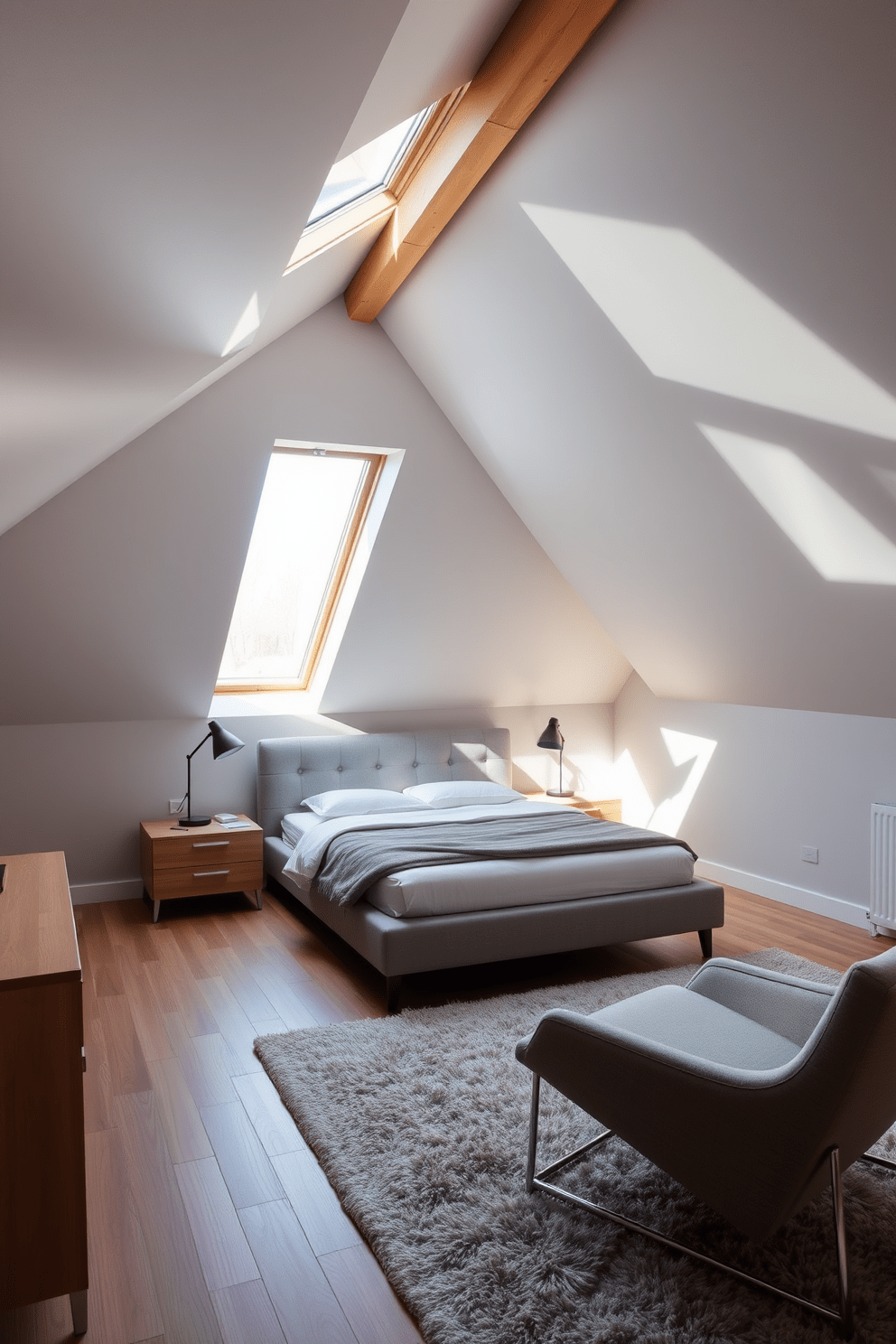 A cozy attic bedroom featuring modern furniture with sleek lines. The space includes a low-profile bed with a tufted headboard, complemented by minimalist nightstands on either side. Natural light floods the room through a large skylight, illuminating the soft gray walls and wooden beams. A stylish armchair in the corner and a plush area rug add warmth and comfort to the contemporary design.