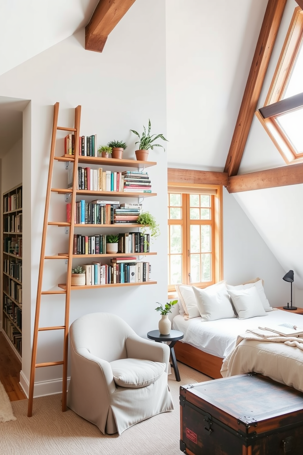 A stylish ladder bookshelf made of natural wood leans against a white wall filled with an array of colorful books and decorative plants. Below the shelf, a cozy reading nook features a plush armchair and a small side table, creating an inviting space for relaxation. The attic bedroom is designed with sloped ceilings and large windows that flood the room with natural light. Soft, neutral bedding complements the rustic wooden beams, while a vintage trunk at the foot of the bed adds character and storage.