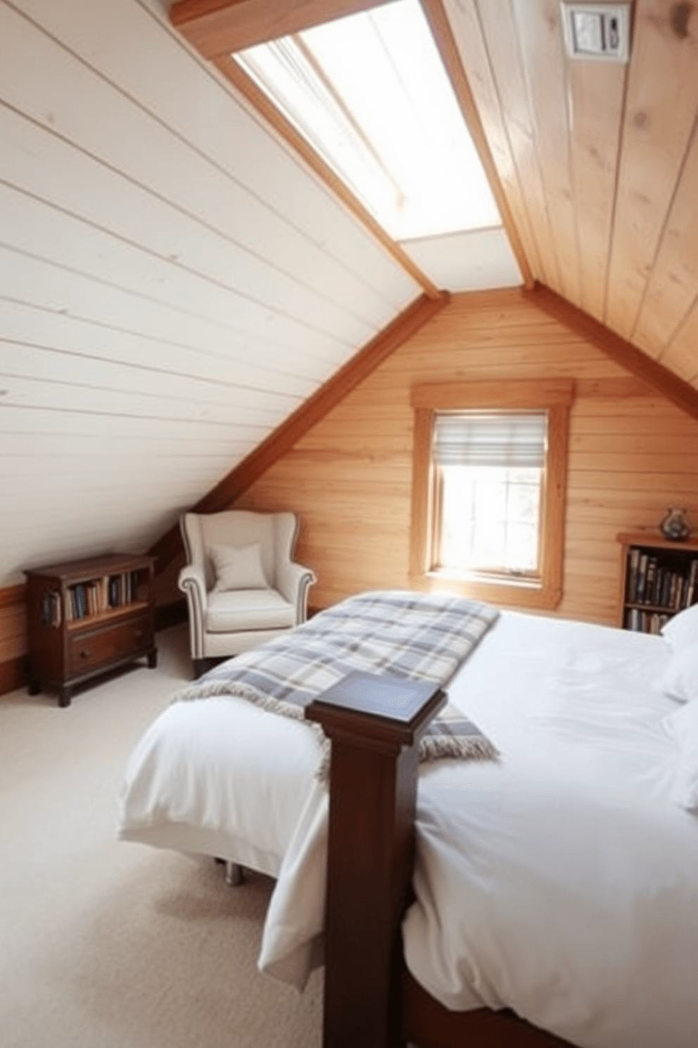 A cozy attic bedroom featuring farmhouse style with shiplap walls. The space is adorned with a large wooden bed dressed in white linens and a plaid throw blanket. Natural light pours in through a dormer window, illuminating a rustic wooden nightstand beside the bed. A vintage armchair sits in the corner, accompanied by a small bookshelf filled with well-loved novels.