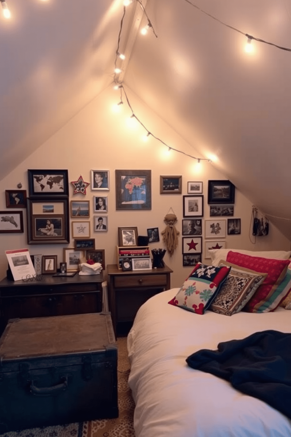 A cozy attic bedroom filled with personalized decor showcasing travel souvenirs. The walls are adorned with framed photographs from various destinations, and a vintage trunk serves as a bedside table. A plush bed with colorful throw pillows sits under a sloped ceiling, creating an inviting atmosphere. Soft string lights hang above, adding a warm glow to the space and highlighting the unique decor items collected from around the world.