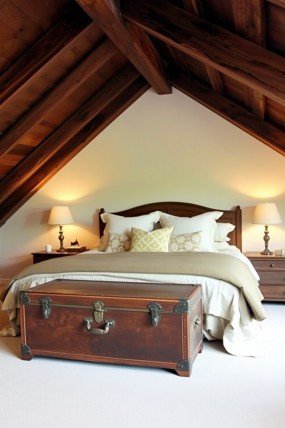 A vintage trunk serves as a stylish storage solution at the foot of a cozy bed. The trunk's weathered wood adds character, while plush bedding and soft pillows create an inviting atmosphere. The attic bedroom features sloped ceilings adorned with exposed wooden beams. Soft, ambient lighting highlights the unique architecture, creating a warm and intimate retreat.