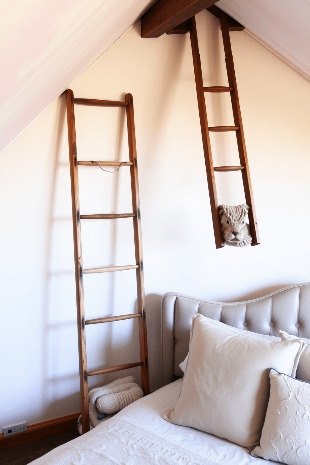 A cozy attic bedroom featuring a vintage wooden ladder used for decorative storage. The ladder leans against a wall adorned with soft pastel colors, while a plush bed with a tufted headboard sits beneath a sloped ceiling.