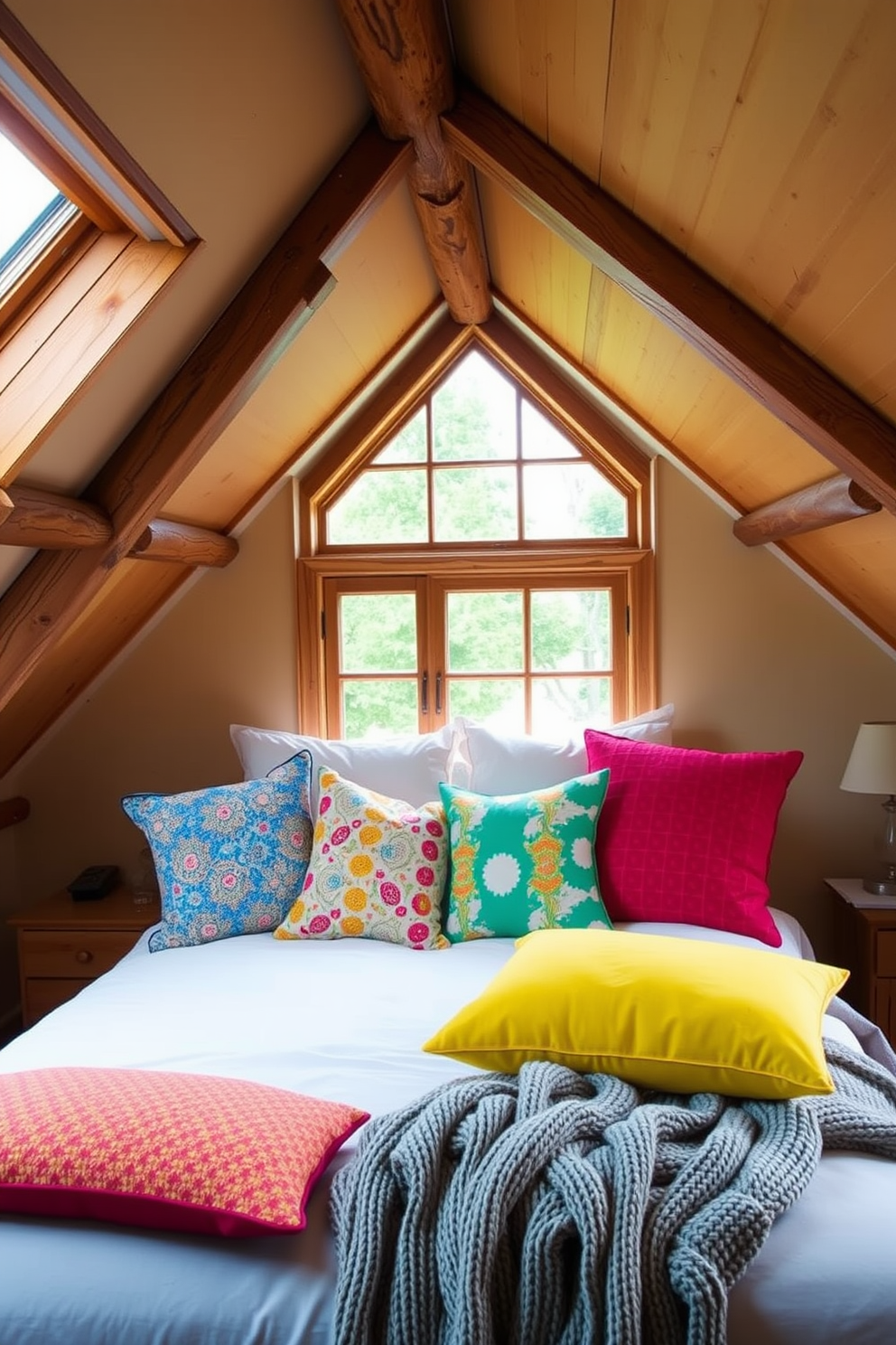 Colorful throw pillows in various patterns and textures are scattered across a cozy bed, creating a playful touch in the room. The bed is dressed in soft linens, and a knitted throw drapes casually over the side, inviting relaxation. The attic bedroom features sloped ceilings adorned with exposed wooden beams, adding character and warmth to the space. Large windows allow natural light to flood in, highlighting the vibrant colors of the decor and the unique charm of the attic setting.