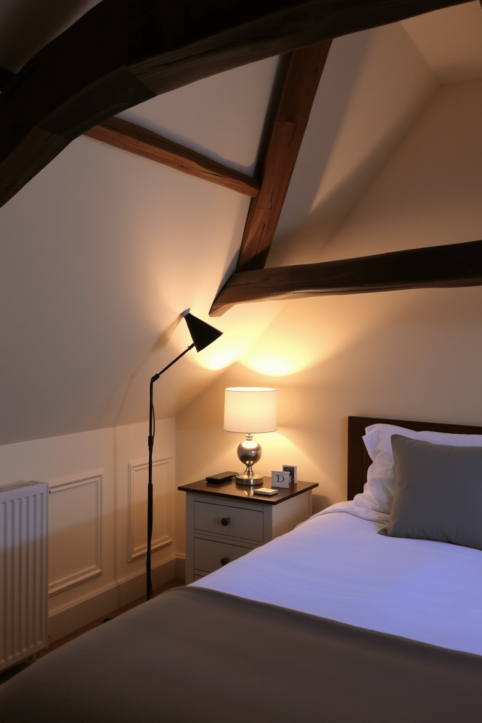 A cozy attic bedroom with soft lighting created by a combination of a stylish table lamp on a nightstand and a floor lamp in the corner. The walls are painted in a warm cream color, and the sloped ceiling features exposed wooden beams that add character to the space.