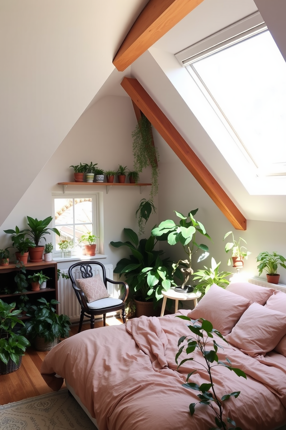 A cozy attic bedroom filled with natural light. The room features a sloped ceiling with exposed wooden beams and a large skylight that illuminates a plush bed dressed in soft linens. A collection of potted plants in various sizes is arranged on the windowsill and shelves, adding a vibrant touch to the space. A comfortable reading nook with a vintage chair and a small side table is nestled in one corner, surrounded by greenery for a refreshing atmosphere.