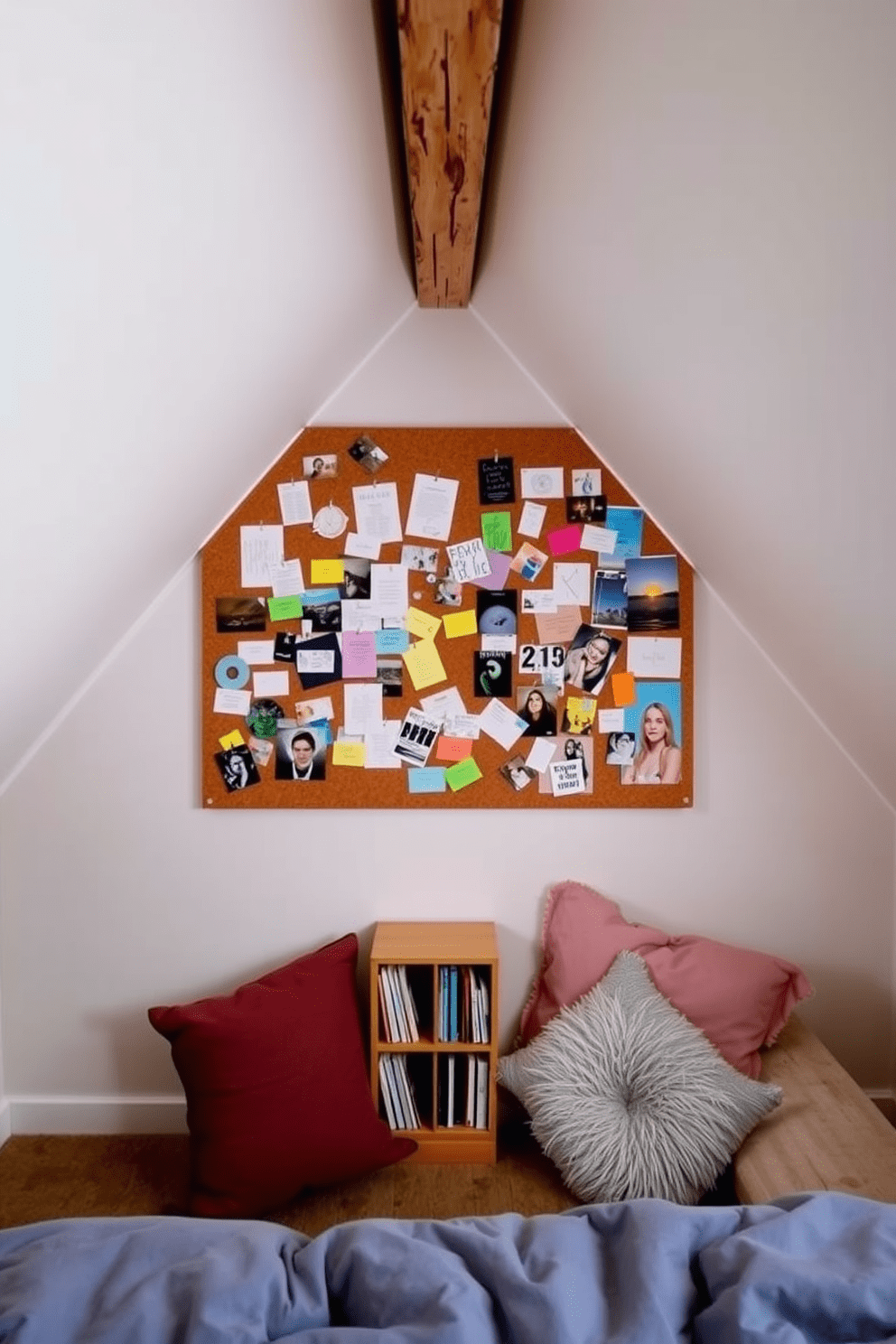 A corkboard wall filled with colorful notes and inspiring images creates a dynamic focal point in the room. The surrounding walls are painted in soft pastel shades, enhancing the creative atmosphere. The attic bedroom features sloped ceilings adorned with rustic wooden beams. A cozy reading nook is nestled beneath the eaves, complete with plush cushions and a small bookshelf.