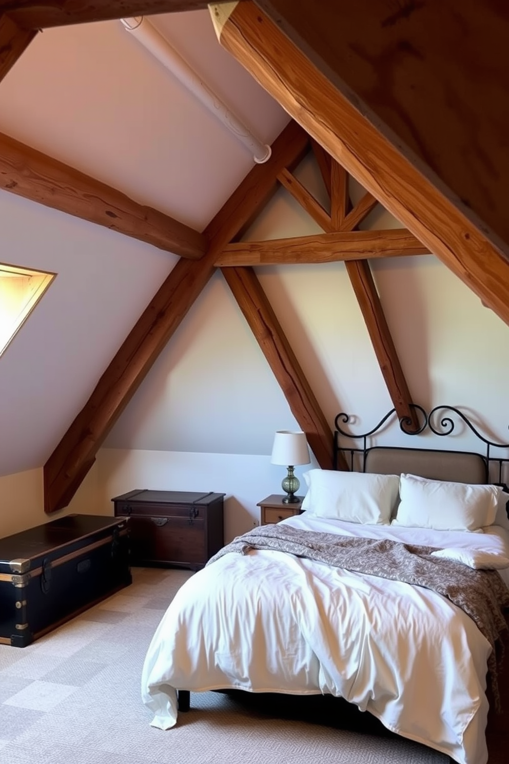 A cozy attic bedroom features rustic wooden beams that enhance its vintage charm. The room is adorned with a plush bed draped in soft linens, and a vintage trunk serves as a bedside table.