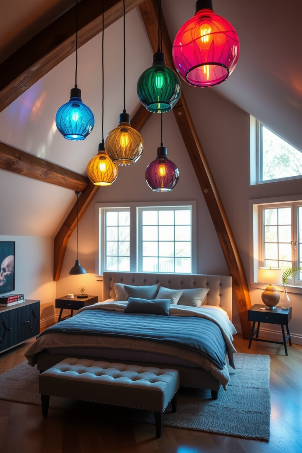 Creative lighting fixtures for artistic flair. Imagine a modern living space illuminated by unique pendant lights made of blown glass, casting colorful shadows on the walls. Attic Bedroom Design Ideas. Visualize a cozy attic bedroom featuring exposed wooden beams, a plush king-sized bed with a tufted headboard, and large windows that let in natural light, creating a warm and inviting atmosphere.