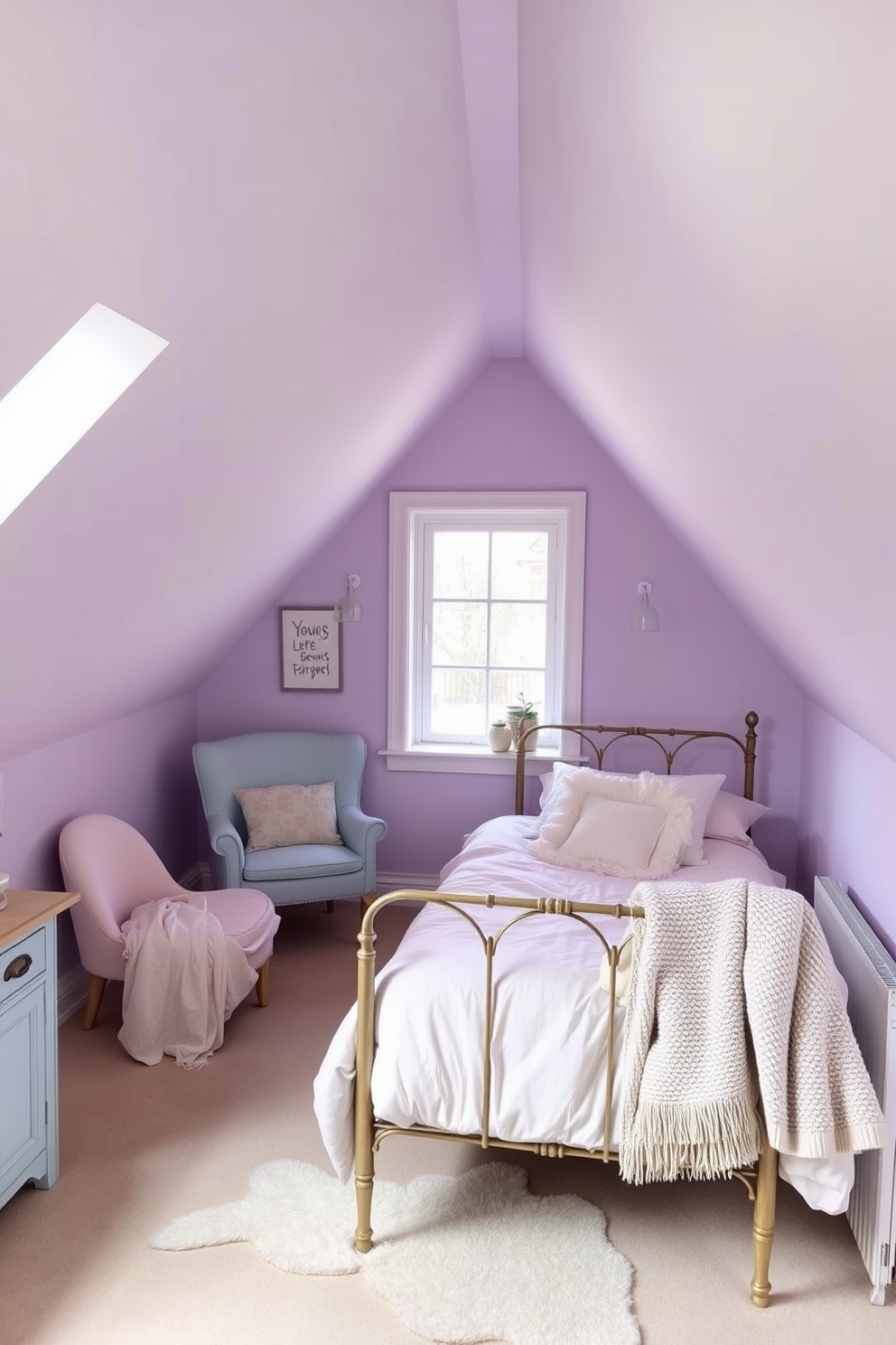 A cozy attic bedroom filled with soft pastel colors creates a serene atmosphere. The walls are painted in a gentle lavender hue, complemented by a light pink bedspread and fluffy white pillows. A vintage wooden bed frame sits against the sloped ceiling, adorned with delicate fairy lights. A small reading nook with a pastel blue armchair and a plush throw blanket invites relaxation by the window.