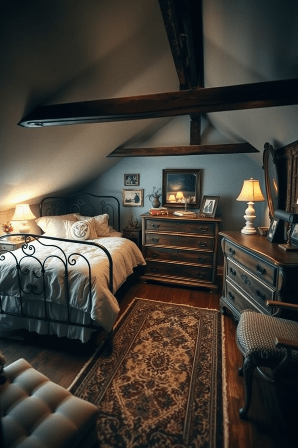 A cozy attic bedroom filled with vintage decor. Antique furniture pieces such as a wrought iron bed frame and a weathered wooden dresser create a charming atmosphere. Soft, warm lighting illuminates the room, highlighting the intricate details of the furniture. A patterned area rug adds comfort underfoot, while vintage photographs adorn the walls.