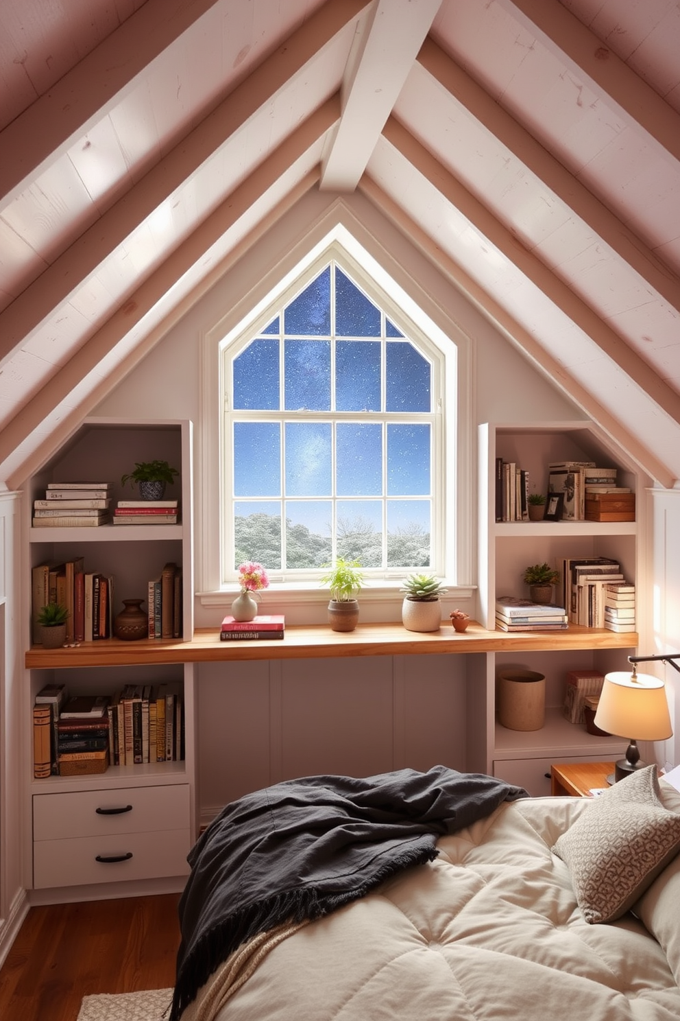 A cozy attic bedroom featuring built-in shelves for efficient storage. The shelves are crafted from reclaimed wood and are filled with books, decorative boxes, and plants, creating a warm and inviting atmosphere. The room has sloped ceilings with exposed beams, painted in a soft white to enhance the natural light. A plush bed with layered bedding sits beneath a large window, offering a view of the stars at night.