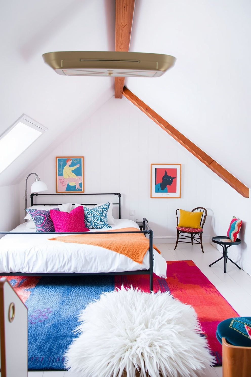 A cozy attic bedroom with bright white walls that create a fresh and airy atmosphere. Colorful accents in the form of vibrant throw pillows and artwork add playful touches to the space. A sloped ceiling with exposed wooden beams enhances the charm of the room. A plush area rug in bold colors defines the sleeping area, complemented by a stylish bed frame and soft bedding.