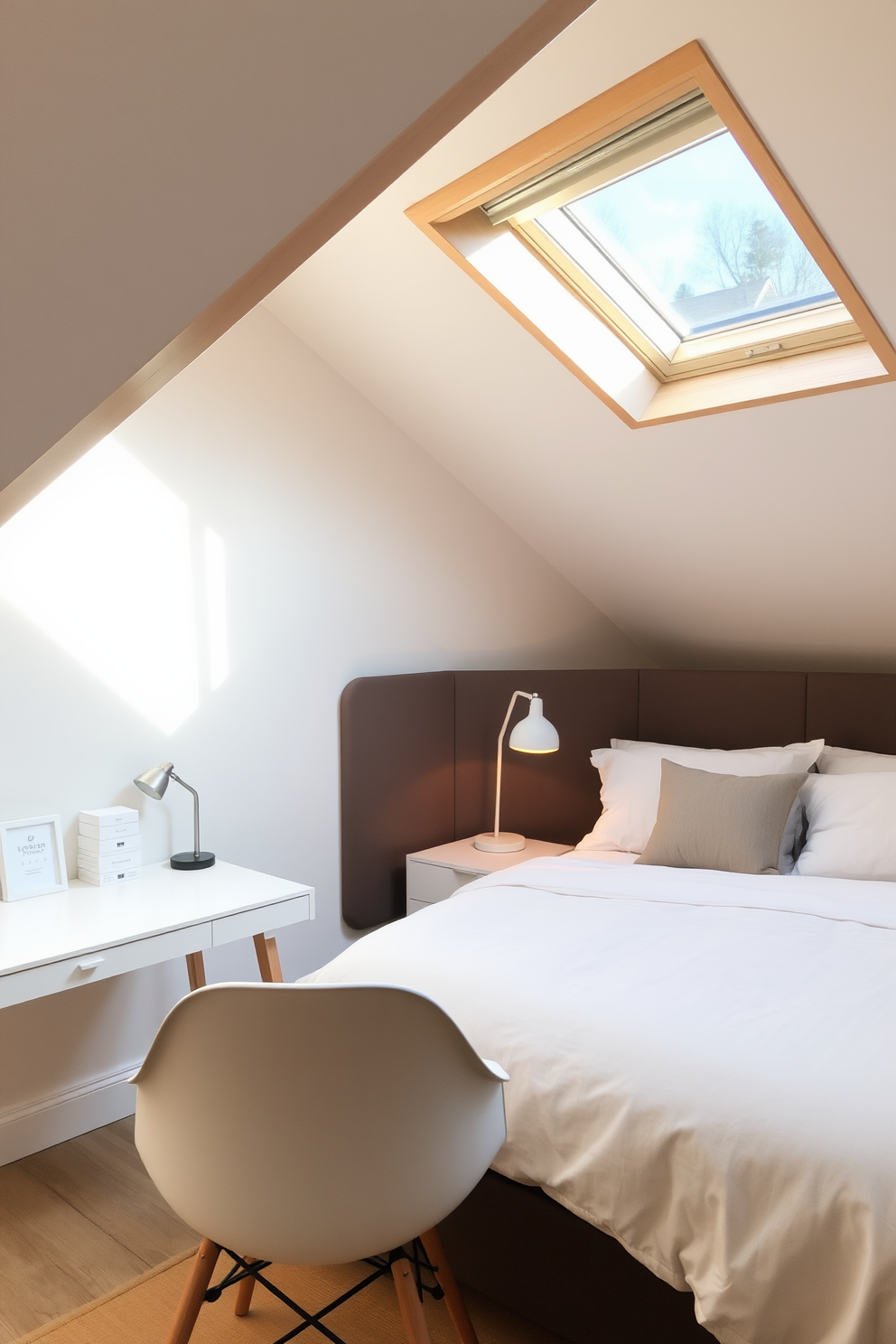 A cozy attic bedroom featuring low-profile furniture to maximize space. The bed is positioned against a slanted ceiling, adorned with soft linens and minimalist pillows, while a sleek nightstand holds a small lamp. Natural light floods the room through a skylight, illuminating the warm wood beams and light-colored walls. A compact desk in the corner provides a functional workspace, complemented by a stylish chair that maintains the airy feel.