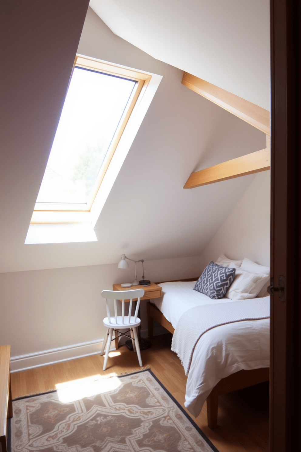 A cozy attic bedroom featuring a lofted bed that maximizes floor space. The bed is positioned against the sloped ceiling, with a small desk and chair tucked underneath for a functional workspace. Natural light pours in through a large skylight, illuminating the warm wooden beams and soft, neutral color palette. Plush bedding and decorative pillows add comfort, while a stylish rug anchors the space below.