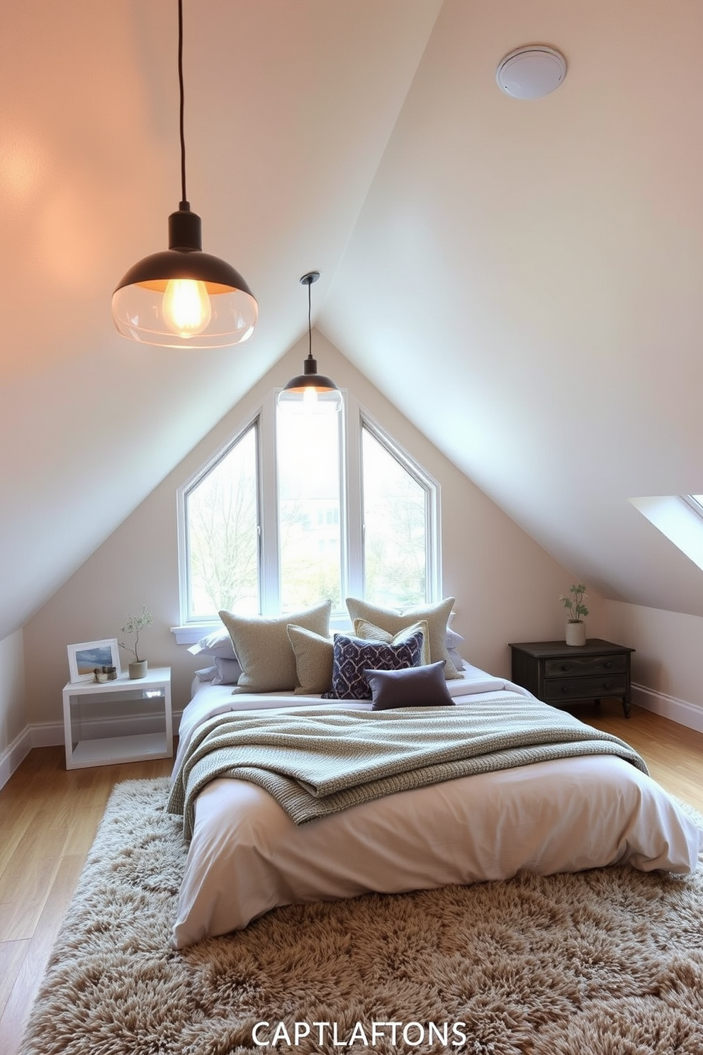 A cozy attic bedroom featuring sloped ceilings and large windows that allow natural light to flood the space. The room is adorned with soft, neutral tones and a plush area rug, creating a warm and inviting atmosphere. Hanging pendant lights with a sleek design provide a modern flair, illuminating the room while adding a touch of elegance. The bed is dressed in layered textiles, complemented by stylish throw pillows and a contemporary bedside table.